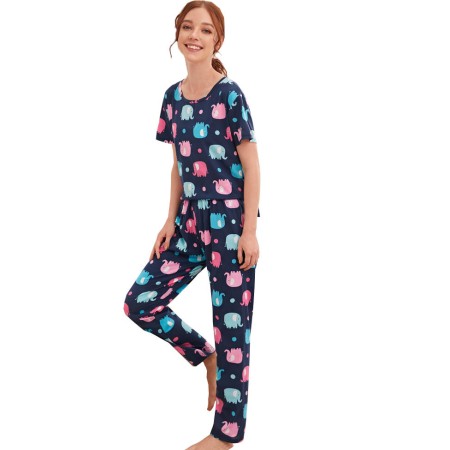 Pijama dama, model Elefanti, albastru/roz, XL