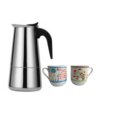 Espressor de cafea inox pentru aragaz cu 2 cani si suport lemn, 450ml