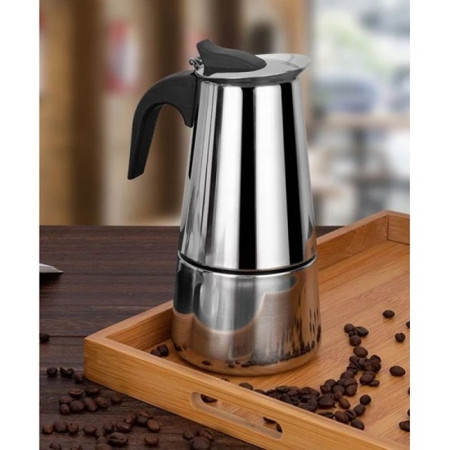 Espressor de cafea pentru aragaz cu o cana si suport lemn, inox, 300ml