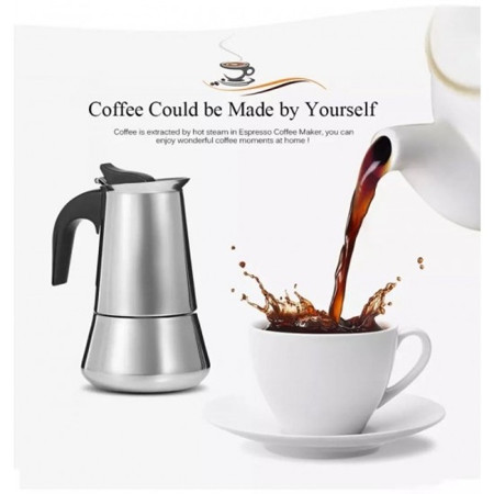 Espressor de cafea pentru aragaz cu 2 cani si suport lemn, inox, 600ml