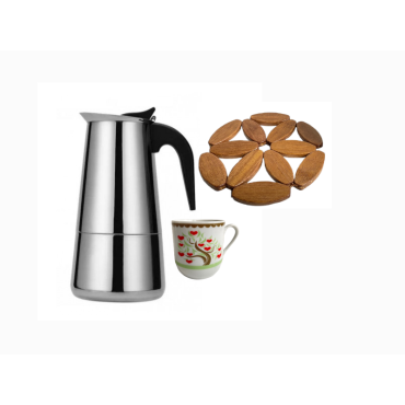 Espressor de cafea inox pentru aragaz cu o cana si suport lemn, 200ml