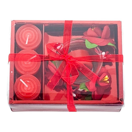 Set 4 lumanari cu vas si flori, forma cadou, rosu, 12x15 cm...