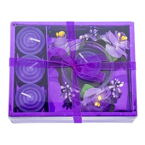 Set 4 lumanari cu vas si flori, forma cadou, mov, 12x15 cm...