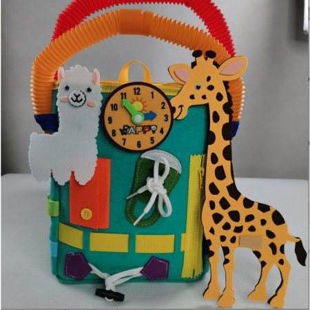 Ghiozdan Montessori, Cyrax, pentru Copii 2-6 ani, Fidget Pop, cu Catarame si Fermoare, Jucarii Senzoriale, Activitate de Invatare prin Joc, Turcoaz, 0.25 kg, 28x10x23 cm