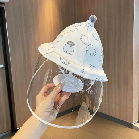 Palarie de Protectie pentru Bebelusi, Cyrax, Model cu Norisori Albastri, Pescareasca, de Primavara si Toamna, cu Masca si Fermoar, 45 cm, pentru 3-6 Luni, Bleu