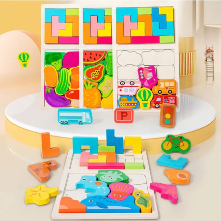 Puzzle Montessori din Lemn pentru Copii, Cyrax, Tip Tetris 2in1, +3 Ani, cu Masini Colorate 3D, Educativ, Intuitiv, Creativ, 21 de Piese, 28.5x17x1.2 cm, Multicolor