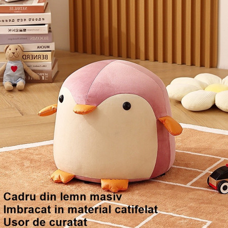 Taburet Pentru Copii, Cyrax, Cadru din Lemn Masiv, 25 x 29 x 29 cm, Perna de Burete Elastica si Maner de Transport, in Forma de Pinguin, Roz