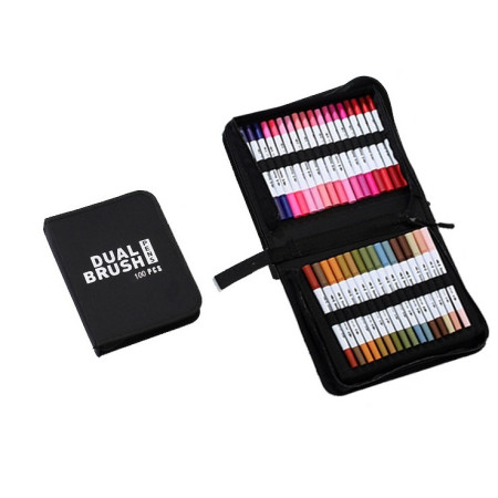 Set Carioci pe Baza de Apa, Cyrax, 2 in 1, pentru Pictura, Caligrafie, 100 Culori, Penar Negru, Corp Carioca Alb, 23.5 x 19.5 x 7.5 cm, Multicolor