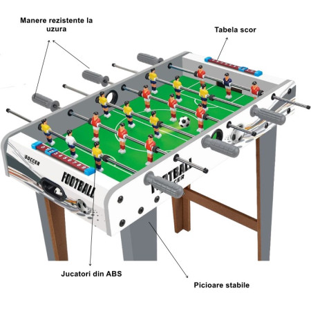Masa de fotbal cu teren si 18 jucatori Cyrax, 6 manere, cu Tablou Scor, din Metal, Lemn si ABS, 69 x 36.5 x 23 cm, cu Picioare, Design Multicolor, pentru copii/adulti