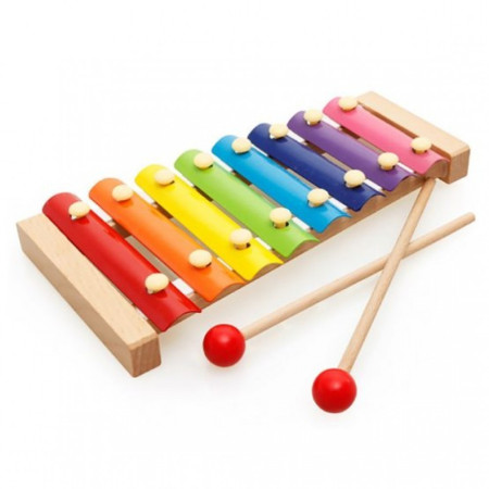 Instrument Muzical Xilofon Cyrax, din Lemn, 8 Note Muzicale, 2 Bete de Percutie, 4-6 Ani, Multicolor