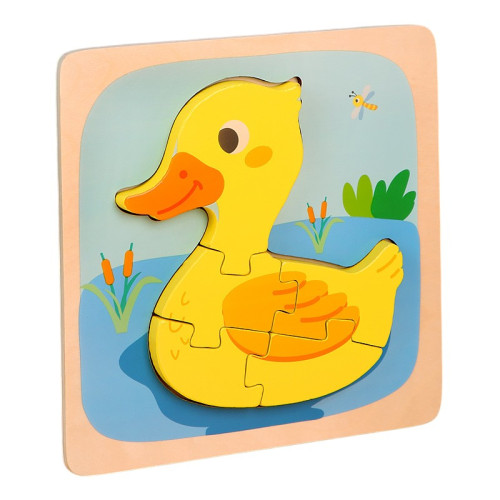 Puzzle Montessori din Lemn pentru Copii, Cyrax, 3D, 0-3 Ani, Model Ratusca, Educativ, Intuitiv, Creativ, 5 Piese, 15x15x0.5 cm, Multicolor...