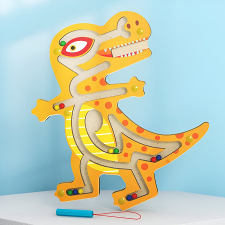 Joc Montessori cu Bile, Cyrax, Creion Magnetic, Tip Labirint, din Lemn, Model Tiranozaur, 21x18 cm, Portocaliu
