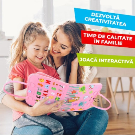 Carte Senzoriala Educativa Montessori, Cyrax, Dezvoltare Abilitati Motorii, 3 Pagini, Model Sirena si Alfabet, 28x25x4 cm, Roz