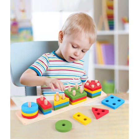 Jucarie Educativa Cyrax, Tip Montessori, din Lemn, + 36 Luni, Forme Geometrice, 20 Piese, 6 x 26.5 cm, Multicolor