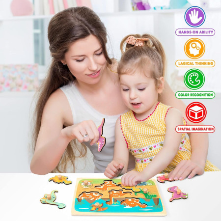 Puzzle Montessori din Lemn pentru Copii, Cyrax, 3D, 0-3 Ani, Model Dinozauri, Educativ, Intuitiv, Creativ, 8 Piese, 30x22.5x0.8 cm, Multicolor