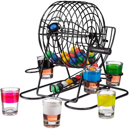 Joc Mini Loterie Cyrax, Bingo, cu Pahare de Shot din Sticla, 20 x 20 x 19 cm, 48 Bile, Negru