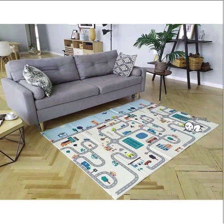 Covoras de Joaca pentru Copii Termic cu 2 Fete, Cyrax, Model Vulpi si Pista de Masini, cu Spuma, Impermeabil, Antiderapant, 200cm x 180cm x 0.8cm