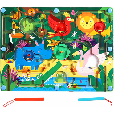 Joc Montessori de Sortare Culori, Cyrax, Creion Magnetic, Tip Labirint Ilustrat, din Lemn, Model Animale Salbatice, 39x29x1.5 cm