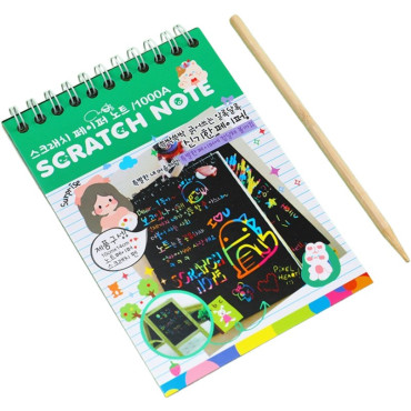 Caiet cu fise razuibile Cyrax, DIY Magic Scratch, 12 File, Curcubeu, Creion din Lemn, Cartonase negre, Verde Deschis, 14.2 x 9.8 cm