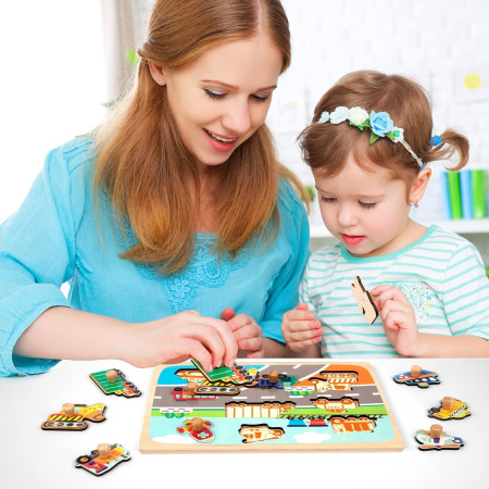 Puzzle Montessori din Lemn pentru Copii, Cyrax, 0-3 Ani, 3D, Model Transporturi, Educativ, Intuitiv, Creativ, 9 Piese, 30x22.5x0.8 cm, Multicolor