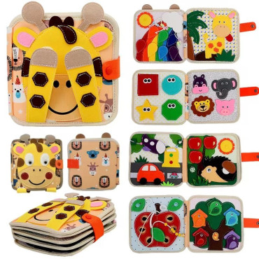Carte Senzoriala Educativa Montessori 7in1, Cyrax, Dezvoltare Abilitati Motorii, 8 Pagini, 3D, cu Elemente Detasabile, Model Girafa, 21x21x8 cm, Maro