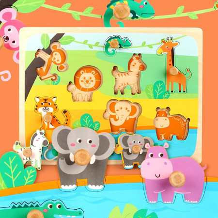 Puzzle Montessori din Lemn pentru Copii, Cyrax, 0-3 Ani, Model Animale din Jungla, Educativ, Intuitiv, Creativ, 9 Piese, 30x22.5x0.8 cm, Multicolor