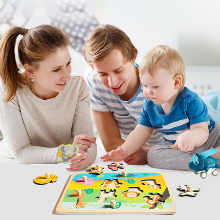 Puzzle Montessori din Lemn pentru Copii, Cyrax, 0-3 Ani, Model Animale din Jungla, Educativ, Intuitiv, Creativ, 9 Piese, 30x22.5x0.8 cm, Multicolor
