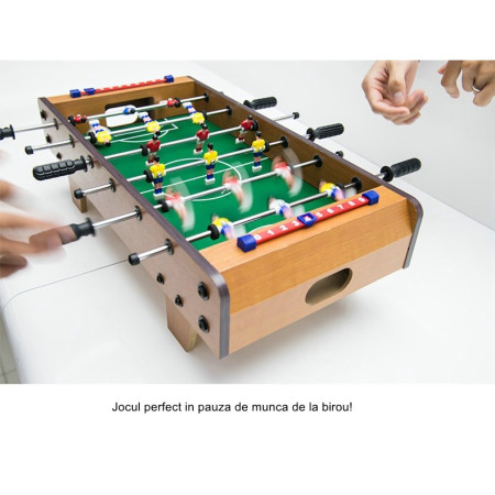 Mini Masa de Fotbal cu Teren si 18 Jucatori Cyrax, 6 Manere, cu Tablou pentru Scor, din Metal, Lemn si ABS, 50 x 25 x 16 cm, cu Picioruse, pentru copii/adulti