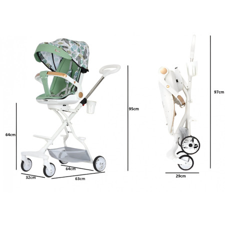 Carucior Sport Cyrax 3in1, 6-36 Luni, Reversibil, Pliabil, Tavita pentru Masa, Pozitie de Somn, Centura de Siguranta, Roti 360, Suport Pahar, Copertina pentru Soare, 32x63x95cm, Verde Model Frunze