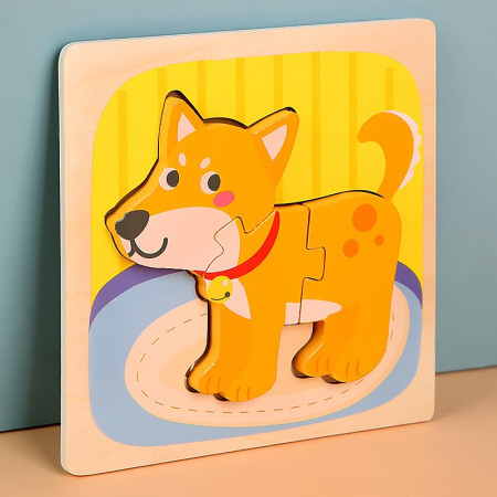 Puzzle Montessori din Lemn pentru Copii, Cyrax, 3D, 0-3 Ani, Model Catel, Educativ, Intuitiv, Creativ, 3 Piese, 15x15x0.5 cm, Multicolor