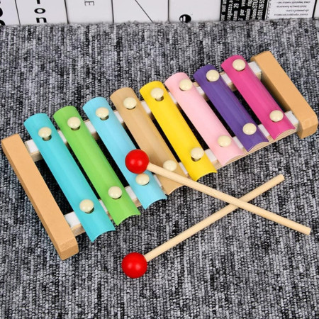 Instrument Muzical Xilofon Cyrax, din Lemn, 8 Note Muzicale, 2 Bete de Percutie, 4-6 Ani, Multicolor Pastel