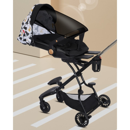 Carucior Sport Cyrax 3in1, 6-36 Luni, Reversibil, Pliabil, Tavita pentru Masa, Pozitie de Somn, Centura de Siguranta, Roti 360, Suport Pahar, Copertina pentru Soare, 32x63x95cm, Negru Model Pisicute