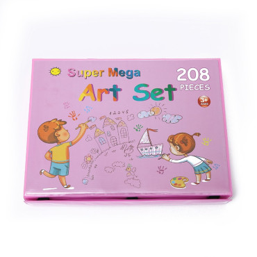 Set Complet pentru Desen si Pictura, Cyrax, 208 Piese, Creioane, Markere, Acuarele cu Apa si Ulei, Pixuri, Hartie de Desen, Radiera, Ascutitoare, Radiera, Suport pentru Planse, Roz, Cutie Mica, English