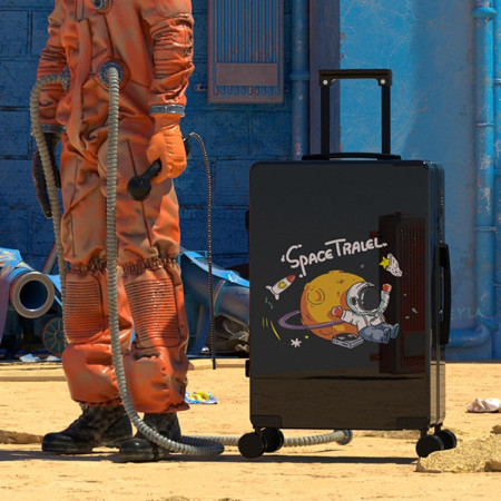 Troler de Calatorie, Cyrax, 56 x 35 x 22 cm, 4 Roti, Maner Reglabil, din ABS, cu Fermoar, Blocare cu Cod, Impermeabil, Model Astronaut, Negru
