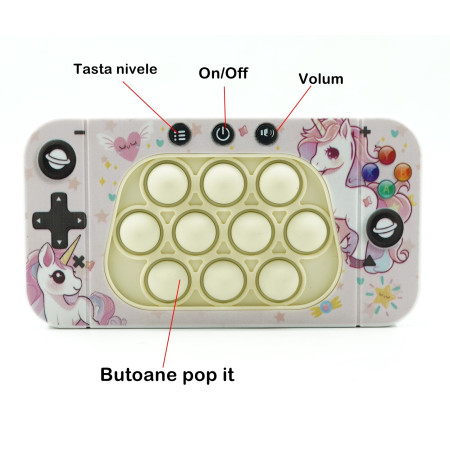Jucarie interactiva tip consola pentru copii Cyrax, speed push whack-a-mole, joc de viteza pop it, material ABS/silicon, cu nivele, sunete si lumini, 15.5 x 7.6 x 5.3 cm, model unicorn, roz