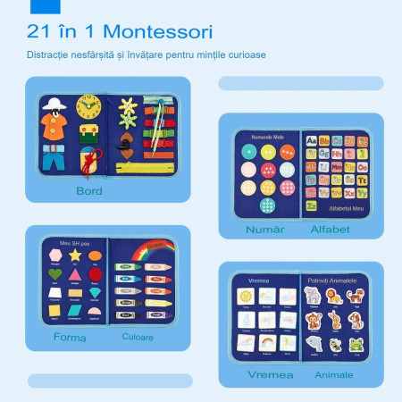 Carte Senzoriala Educativa Montessori, Cyrax, Dezvoltare Abilitati Motorii, 5 Pagini, Model Dinozauri, 28x22x7 cm, Albastru