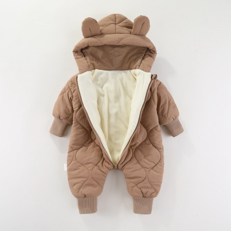 Combinezon de Iarna, Cyrax, pentru Bebelusi, din Bumbac, cu Urechi, Mansete Elastice, Unisex, 73 cm, Maro