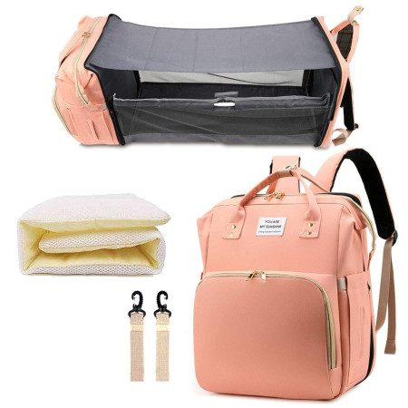 Rucsac Multifunctional pentru Mamici, Cyrax, cu Patut Pliabil si Baza de Schimbat, Rezistent la Apa, Capacitate Mare, Usor, Compartimente Multiple, Buzunar Termic pentru Lapte, 42 x 32 x 22 cm, Roz Pudra