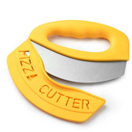 Cutit pentru taiat pizza Cyrax, cu protectie din silicon pentru lama, inox, 15.5 cm, galben