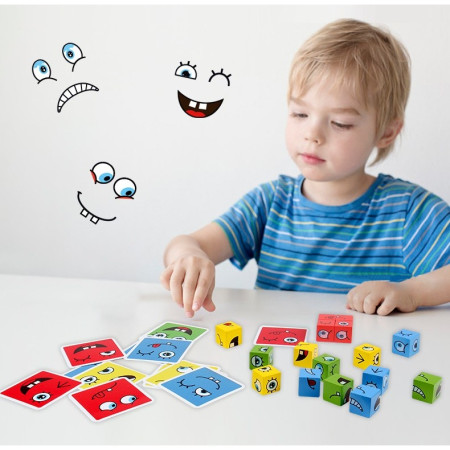 Jucarie pentru copii montessori Cyrax, cub din lemn, asamblare fete, 64 de carti distractive, pentru baieti si fete, varsta +3 ani, educativ, multicolor