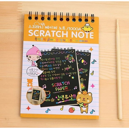 Caiet cu fise razuibile Cyrax, DIY Magic Scratch, 12 File, Curcubeu, Creion din Lemn, Cartonase negre, 14.5 x 10 cm, portocaliu