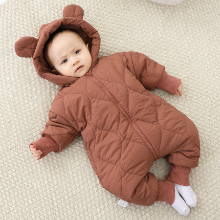 Combinezon de Iarna, Cyrax, pentru Bebelusi, din Bumbac, cu Urechi, Mansete Elastice, Unisex, 66 cm, Visiniu