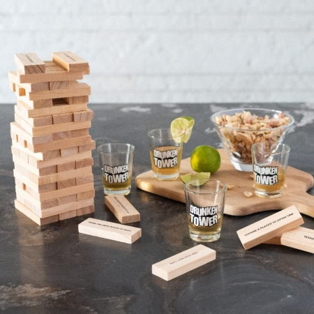 Joc de Baut Jenga Cyrax, Turnul Betivului din Lemn, Piese cu Provocari, Pahare de Shot din Sticla Incluse, 19 x 7 x 20 cm