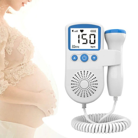 Monitor Fetal Doppler, Cyrax, Monitorizare Sarcina, Ritm Cardiac, Ecran LCD 4.5 cm, 2 x Baterii AA (neincluse), Portabil, din ABS, 12.8 x 9.6 x 3 cm, Utilizare de la 9 Saptamani, Albastru