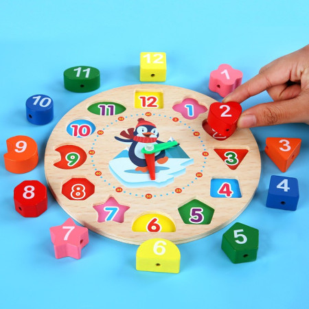 Jucarie Educativa Cyrax, Tip Montessori, Model Ceas Pinguin, din Lemn, + 36 Luni, 12 Piese, 17.2 cm, Multicolor
