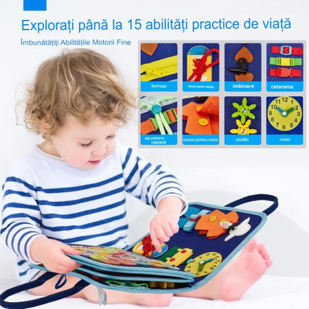 Carte Senzoriala Educativa Montessori, Cyrax, Dezvoltare Abilitati Motorii, 5 Pagini, Model Dinozauri, 28x22x7 cm, Albastru