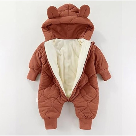 Combinezon de Iarna, Cyrax, pentru Bebelusi, din Bumbac, cu Urechi, Mansete Elastice, Unisex, 73 cm, Visiniu