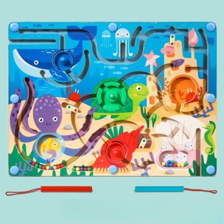 Joc Montessori de Sortare Culori, Cyrax, Creion Magnetic, Tip Labirint Ilustrat, din Lemn, Model Animale Marine, 39x29x1.5 cm