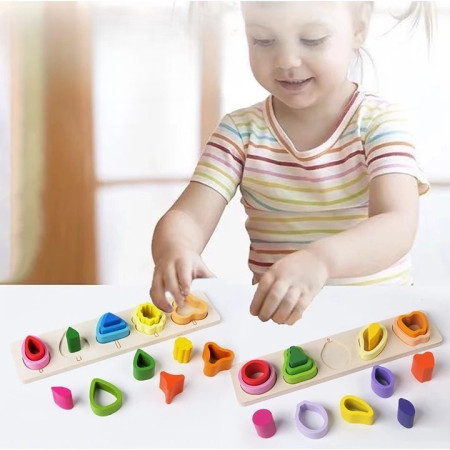 Jucarie Montessori din Lemn, Cyrax, Tip Puzzle, cu 5 Forme Asimetrice, 15 Piese, Educativa, Interactiva, Creativa, Model Copaci, Materiale Non Toxice, +2 Ani, 29x6.5 cm, Multicolor