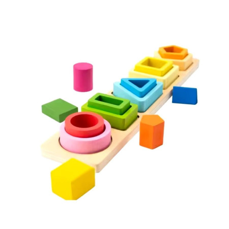 Jucarie Montessori din Lemn, Cyrax, Tip Puzzle, cu 5 Forme Asimetrice, 15 Piese, Educativa, Interactiva, Creativa, Model Forme Geometrice, Materiale Non Toxice, +2 Ani, 29x6.5 cm, Multicolor